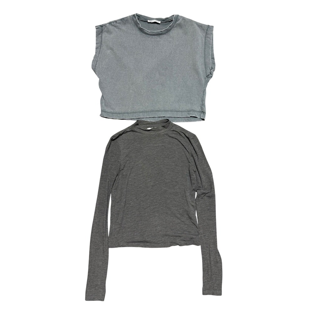 Zara Womens Grey Top Bundle Sleeveless Muscle Crop & Long Sleeve Mock Neck Small